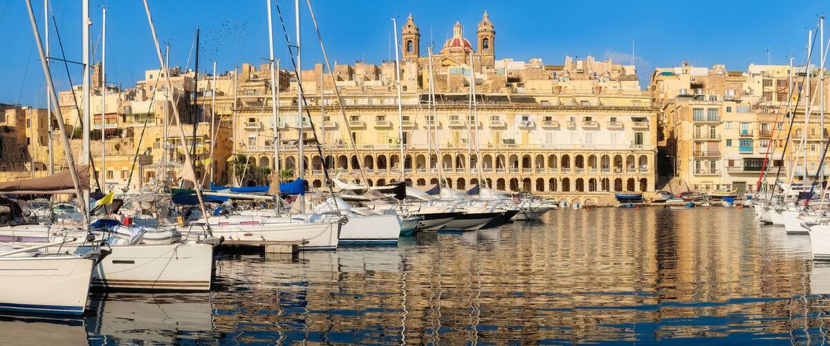A marina with boats docked in front of historic buildings.
