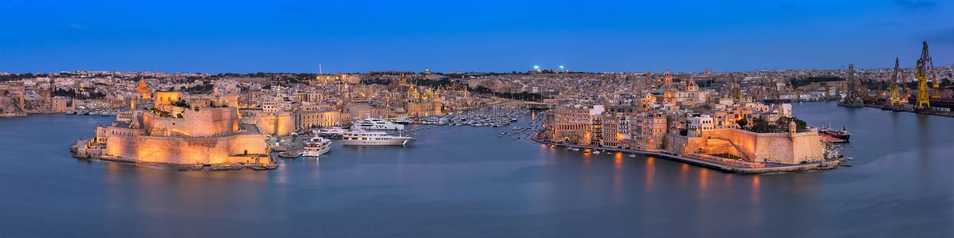 Panorama of Three Cities (Birgu, Senglea and Cospicua) from Upper Barrakka Gardens in the Evening, Malta
