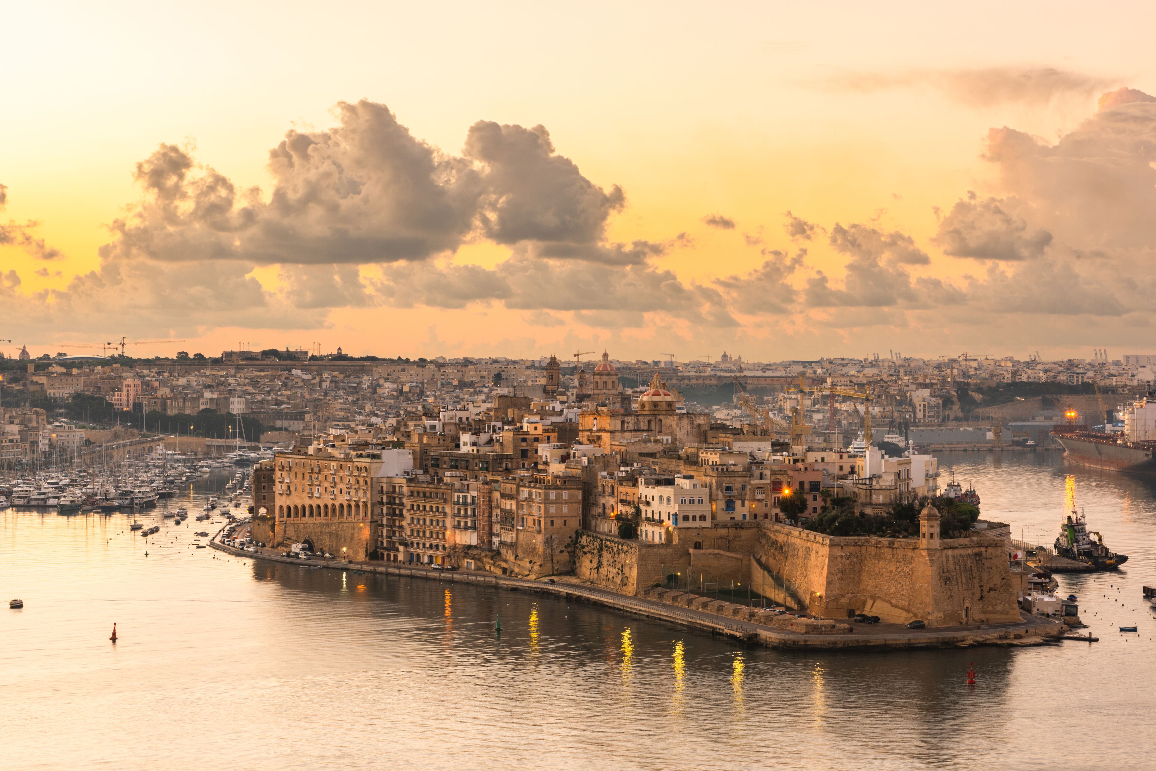 Illuminated skyline of Senglea at sunrise,Malta. One of Three Cities in Grand Harbour