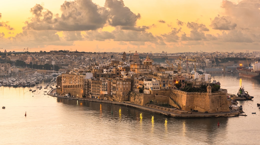 Illuminated skyline of Senglea at sunrise,Malta. One of Three Cities in Grand Harbour