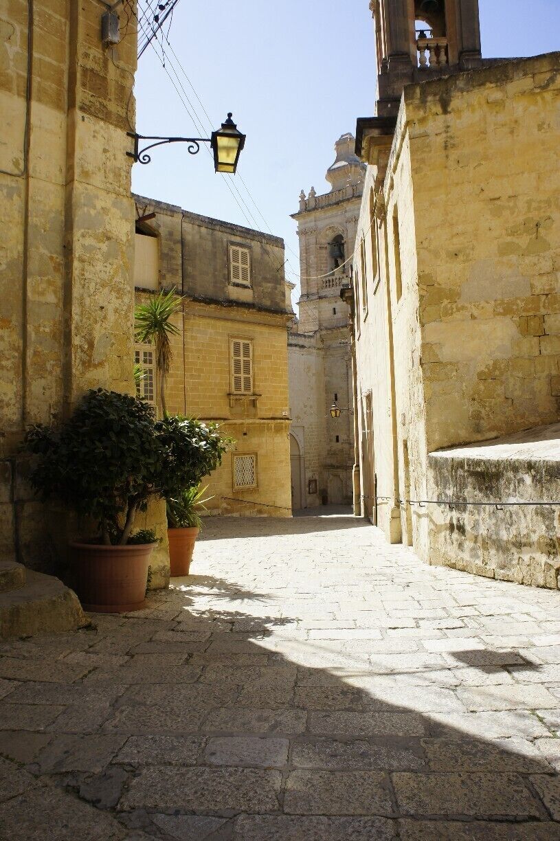 A narrow cobblestone street flanked by historic buildings with a bell tower in the distance.