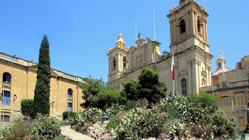 A historic building with a bell tower, surrounded by cacti and trees.