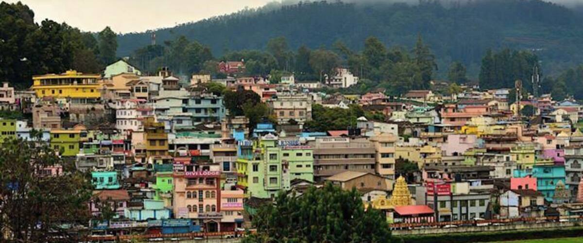 Ooty town, nestled in the Nilgiri range of hills. This view is from close to the Ooty Bus Stand.
