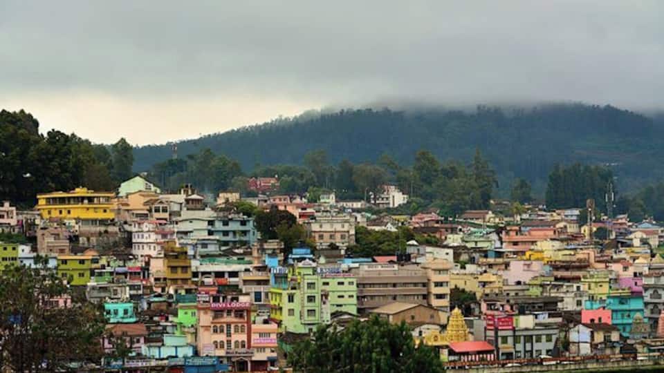 Ooty town, nestled in the Nilgiri range of hills. This view is from close to the Ooty Bus Stand.