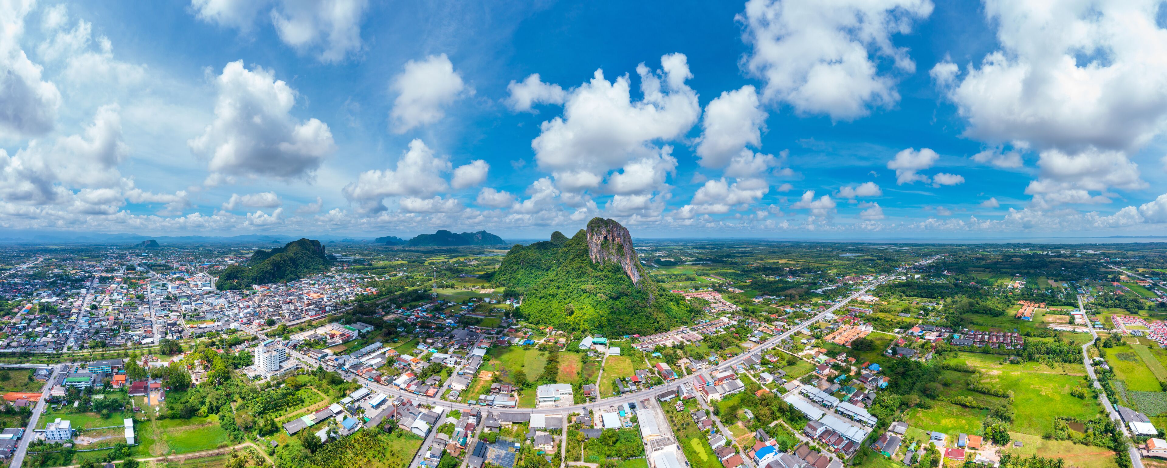 Phatthalung city view from above. Aerial view panorama of Khao Ok Thalu, Khuha Sawan mountain, Phatthalung province, Thailand, south east asia.