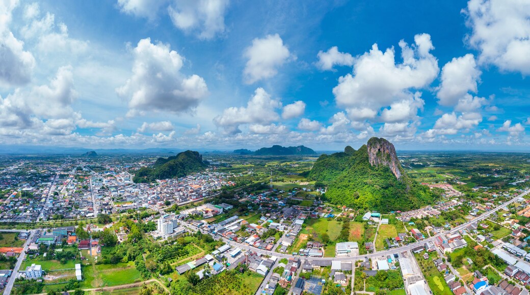 Phatthalung city view from above. Aerial view panorama of Khao Ok Thalu, Khuha Sawan mountain, Phatthalung province, Thailand, south east asia.