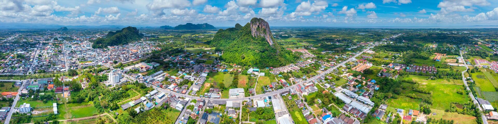 Phatthalung city view from above. Aerial view panorama of Khao Ok Thalu, Khuha Sawan mountain, Phatthalung province, Thailand, south east asia.