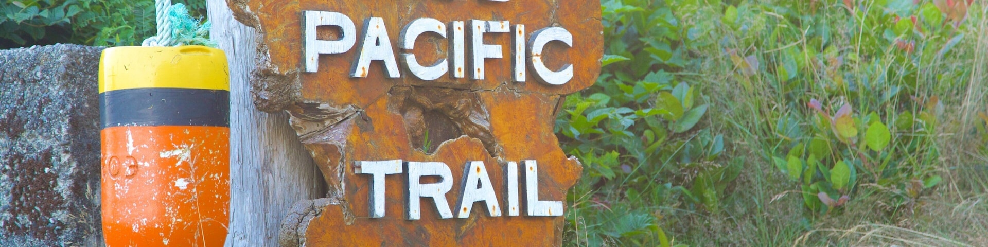 Un letrero de madera oxidado con el texto 'WILD PACIFIC TRAIL'.