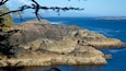 Rugged coastal rocks with a clear view of the ocean and distant mountains.