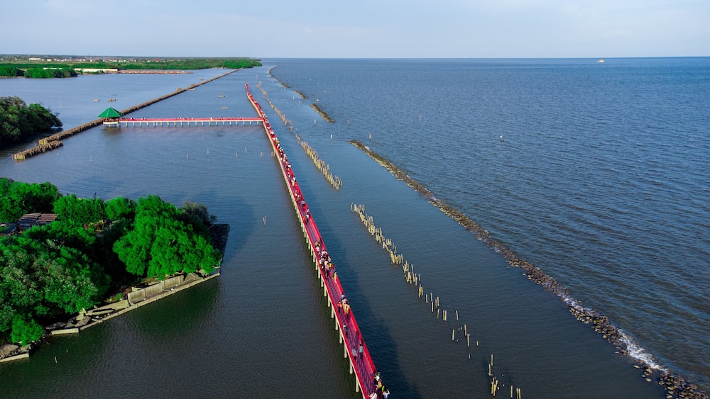 Photo on drone with Beautiful wooden long red bridge at seaside of samut sakhon province,Thailand. Locate on dolphin view point called mutshanu shring.