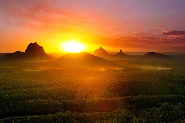 Mountains with setting sun and forest foreground, Queensland, Australia.
