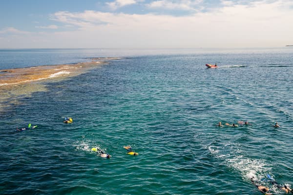 A coastal area with clear blue waters, rocky shoreline, and people swimming and surfing.