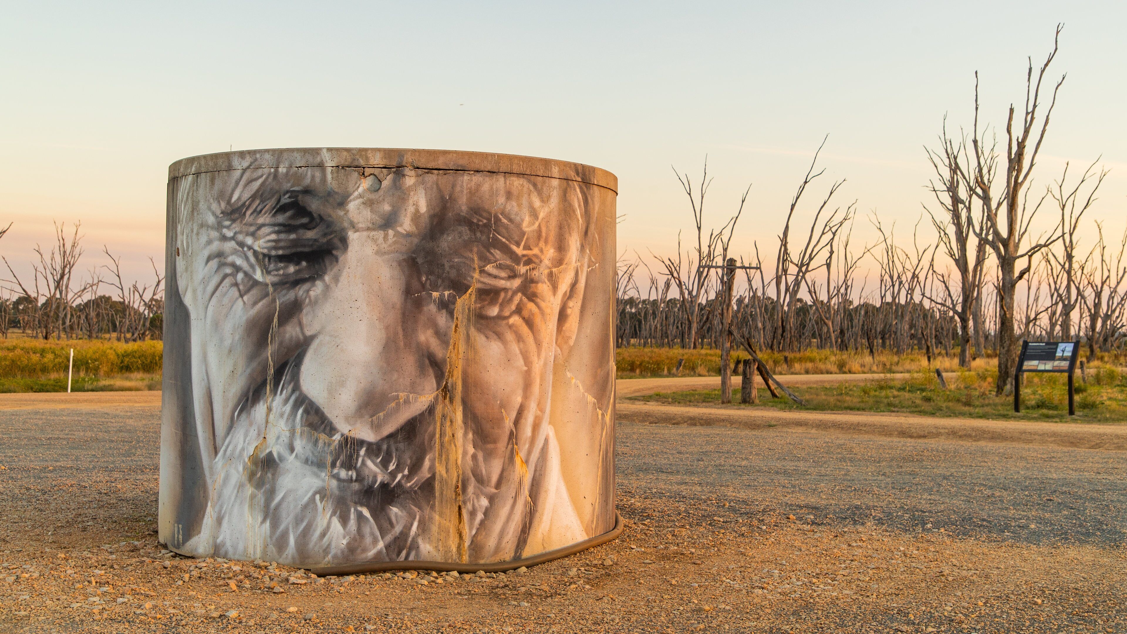 A cylindrical sculpture of a lion's face on a gravel road with leafless trees and a sign in the background.