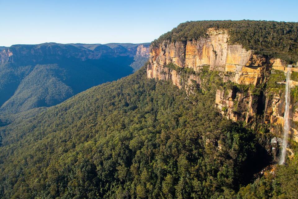 Un cañón con una cascada y un bosque denso.