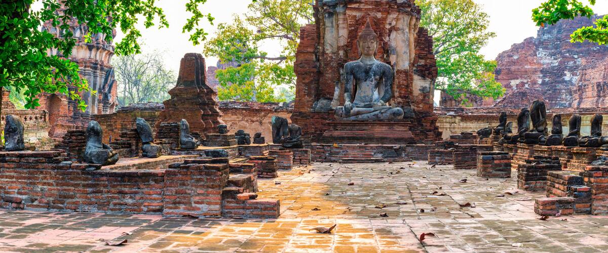 A temple complex with a central seated Buddha statue, surrounded by smaller statues and brick structures.