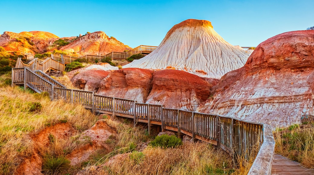 Walking trail with wooden stairs around the Hallett Cove Sugarloaf at sunset