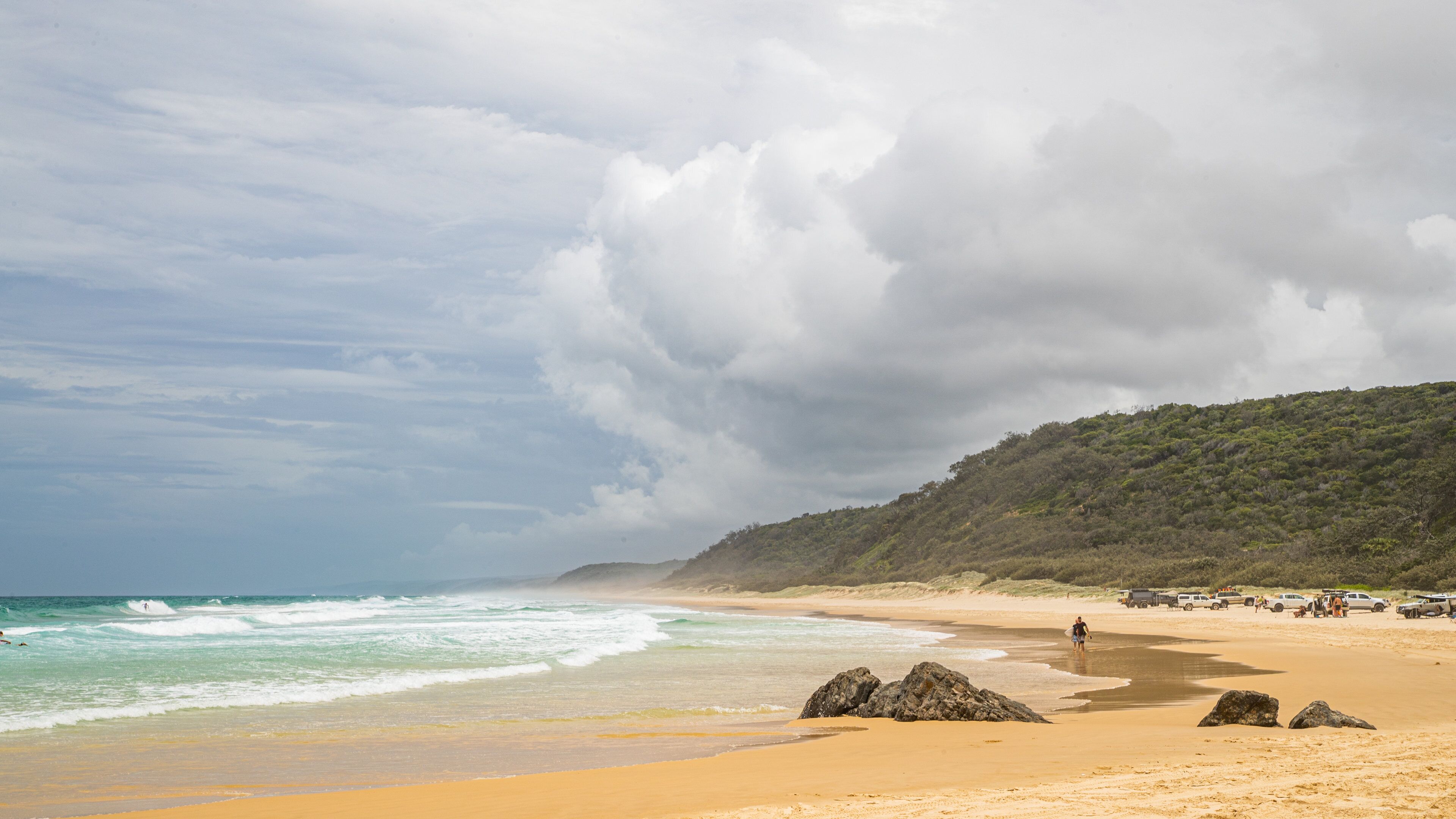 A beach with waves, a sandy shore, and a forested hill.
