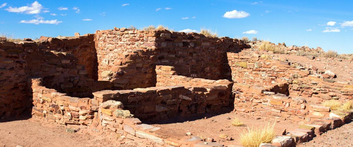 Ruins of an ancient Hopi Native American pueblo in Homolovi State Park near Winslow, Arizona