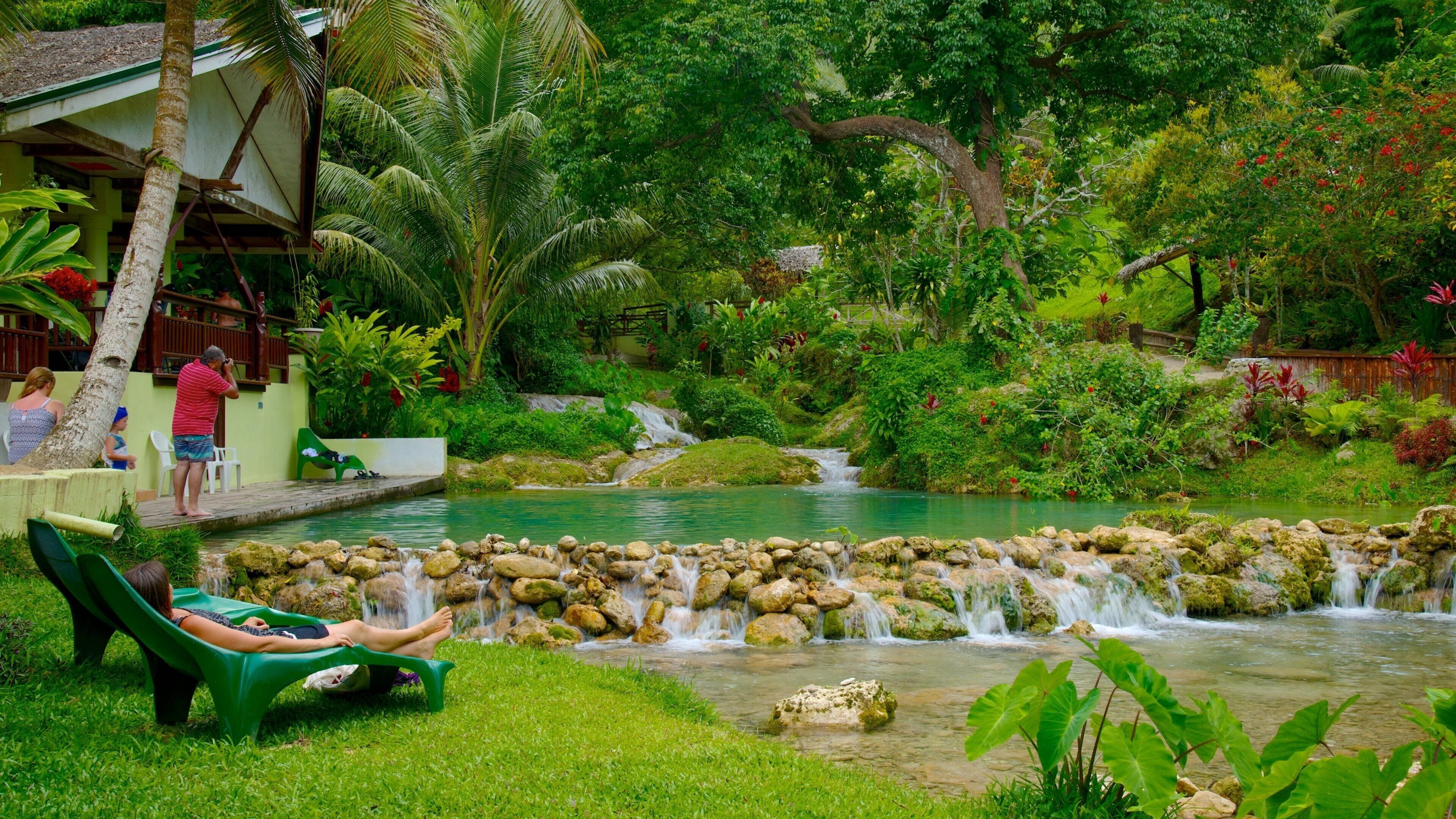 A lush garden with a small waterfall, a pool, and people relaxing on a deck.