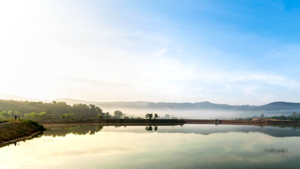 Sunrise view at Ban Na Thong Suk Reservoir, Songkhla, Thailand (Panarama)