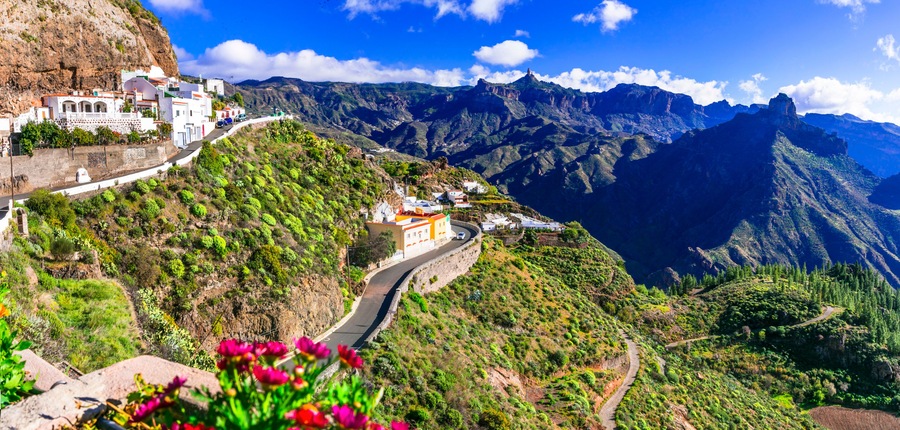 Artenara Village Panorama: Highest Mountain Settlement in Gran Canaria, Scenic Volcanic Landscape with Roque Nublo & Bentaiga, Traditional Cave Houses Canary Islands Spain, Ultra High Resolution 10K