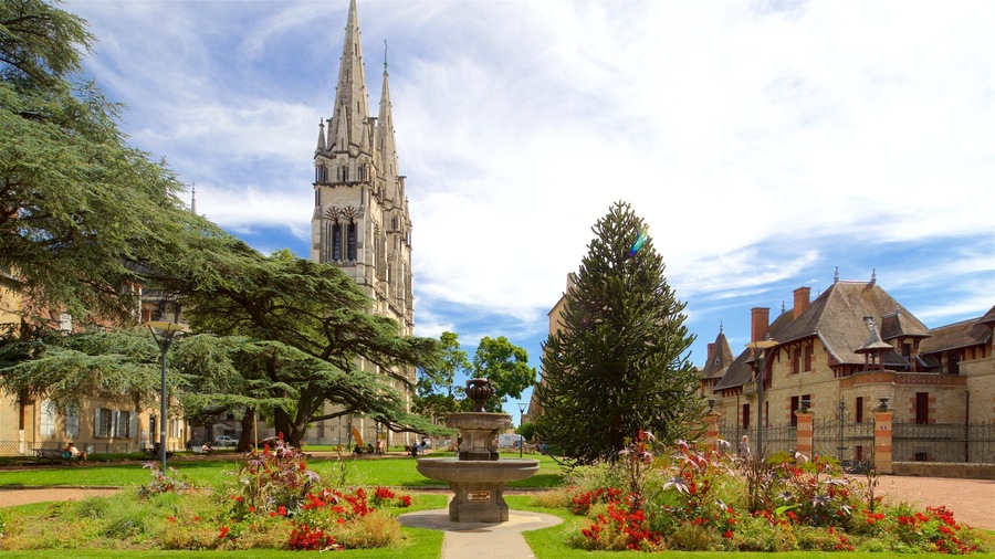 Moulins Cathedral showing a garden, a fountain and heritage architecture