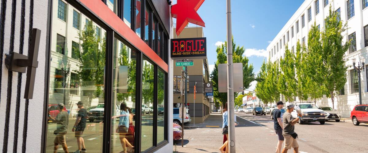 Rogue Distillery and Public House which includes signage