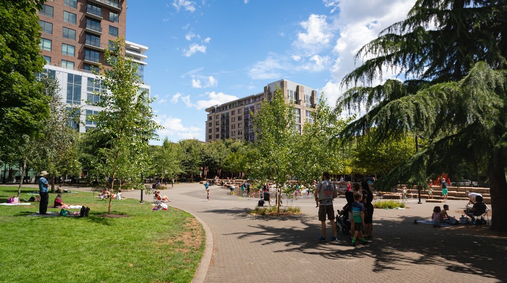 Jamison Square which includes a garden as well as a small group of people