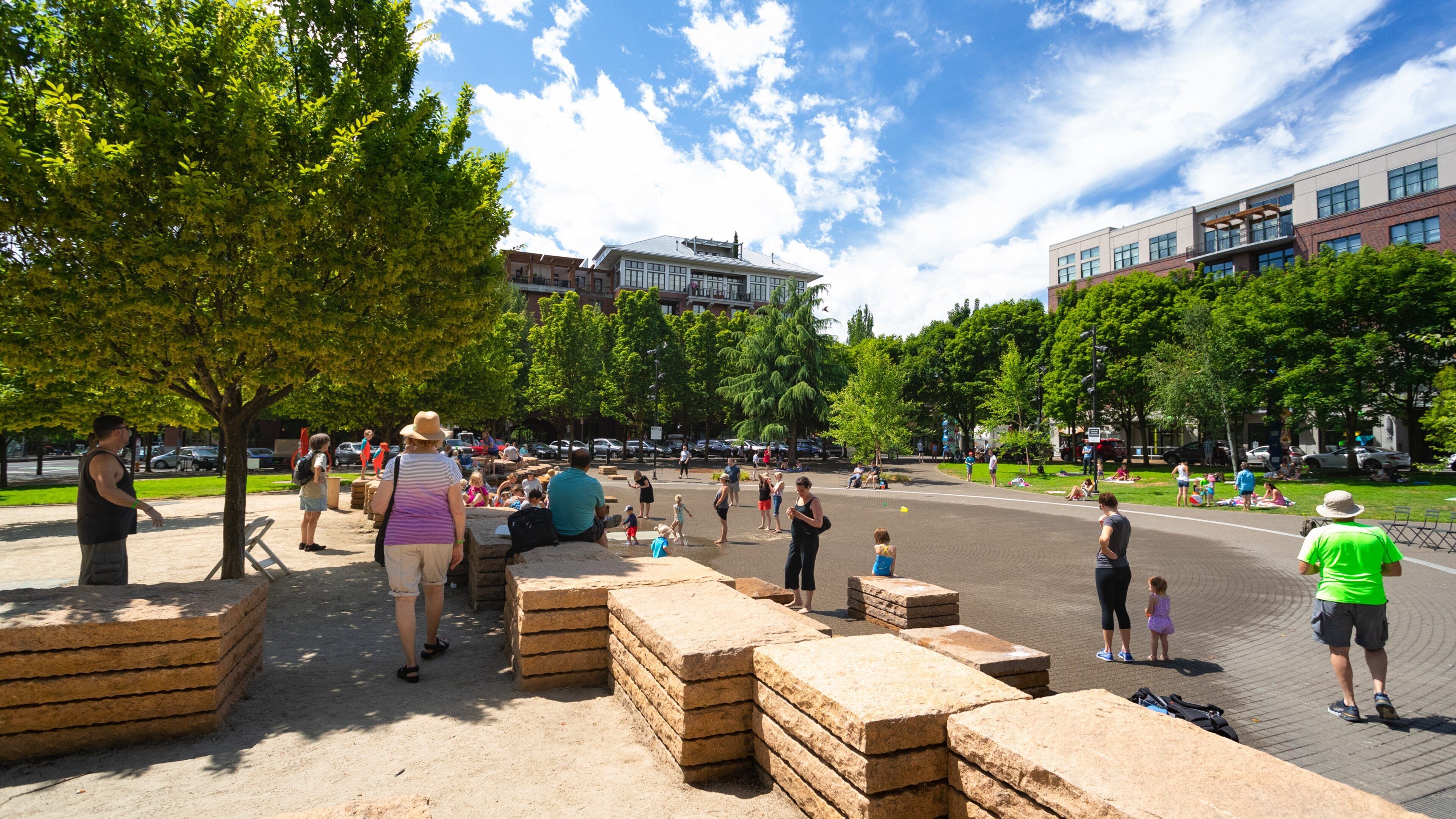 Jamison Square featuring a park as well as a small group of people