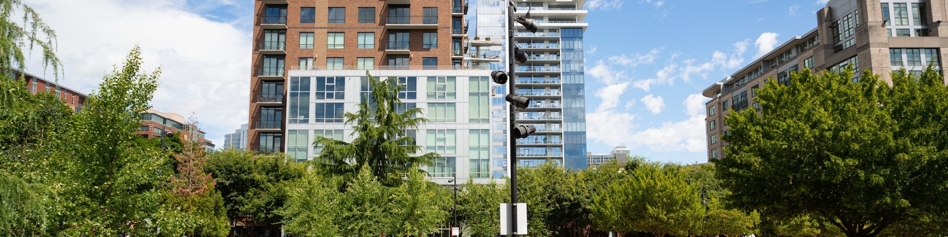 Jamison Square which includes a park as well as a small group of people