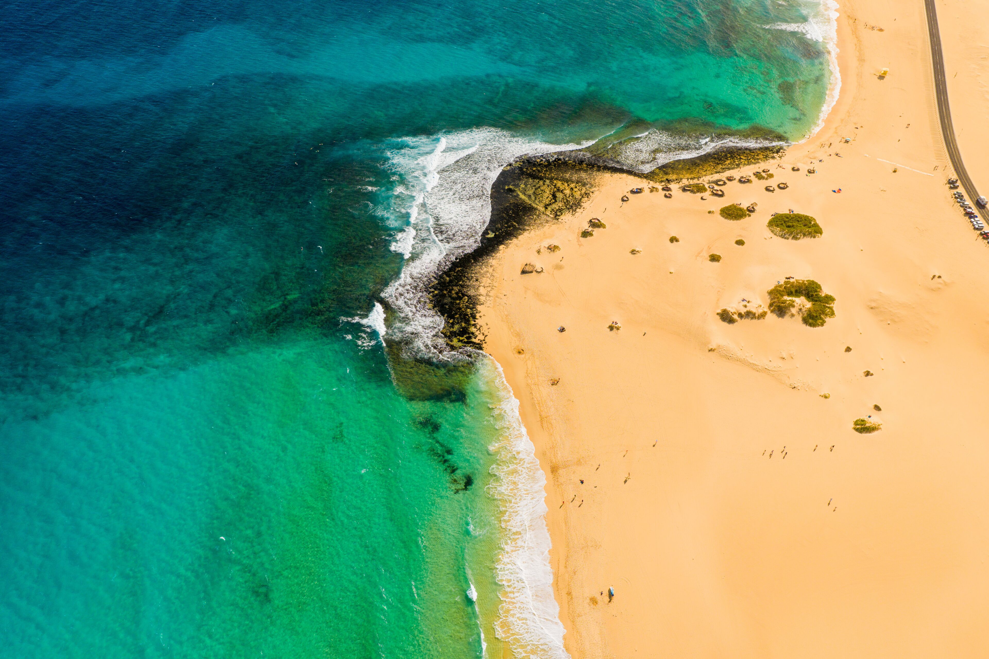 An aerial view of a beach with clear turquoise waters, a sandy shore, and scattered vegetation.
