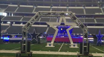 Down on the field of the new Cowboy stadium, the setup is a practice setup for the Thanksgiving game half time show! Go Cowboys!!!!!