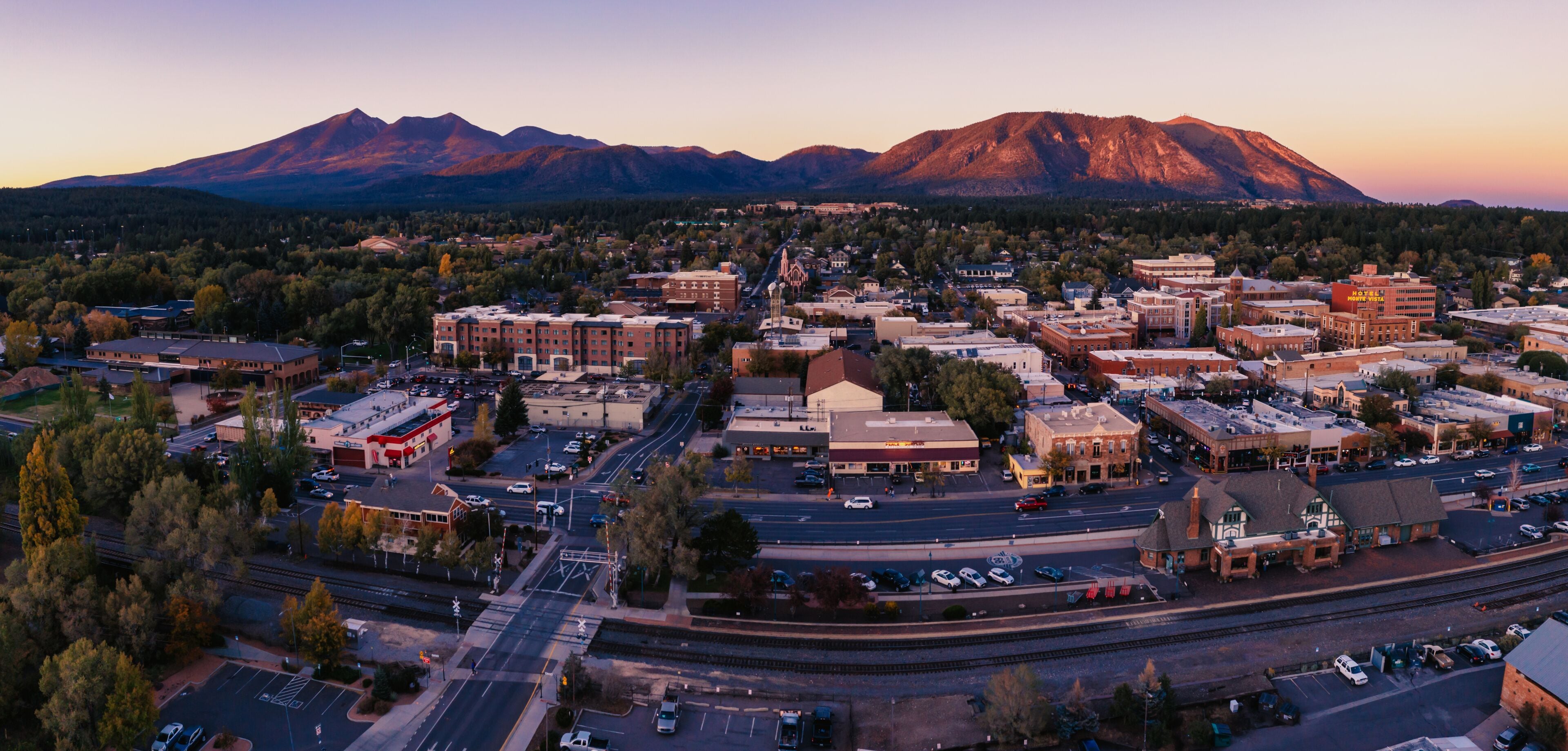 Aerial panorama of Flagstaff Arizona at dusk