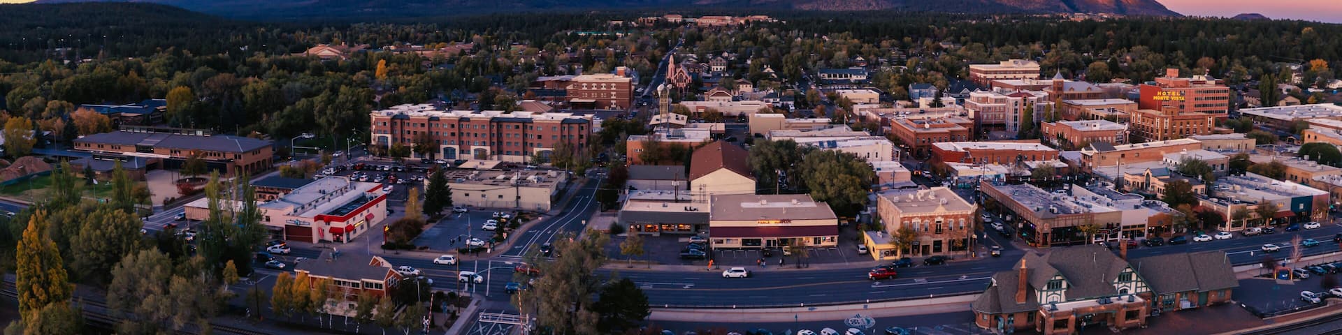 Aerial panorama of Flagstaff Arizona at dusk