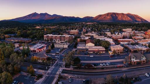 Aerial panorama of Flagstaff Arizona at dusk