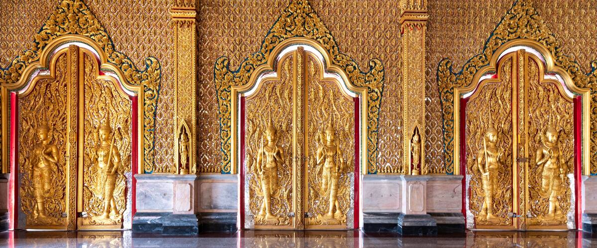 Uthai Thani District, Uthai Thani / Thailand / March 01, 2020 : The Golden Castle (Prasat Thong Kham). It's design embedded with Thai traditional style temple with all gold ornamental.