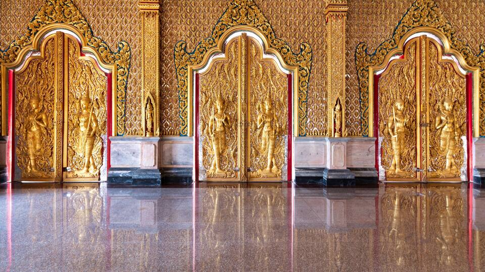 Uthai Thani District, Uthai Thani / Thailand / March 01, 2020 : The Golden Castle (Prasat Thong Kham). It's design embedded with Thai traditional style temple with all gold ornamental.