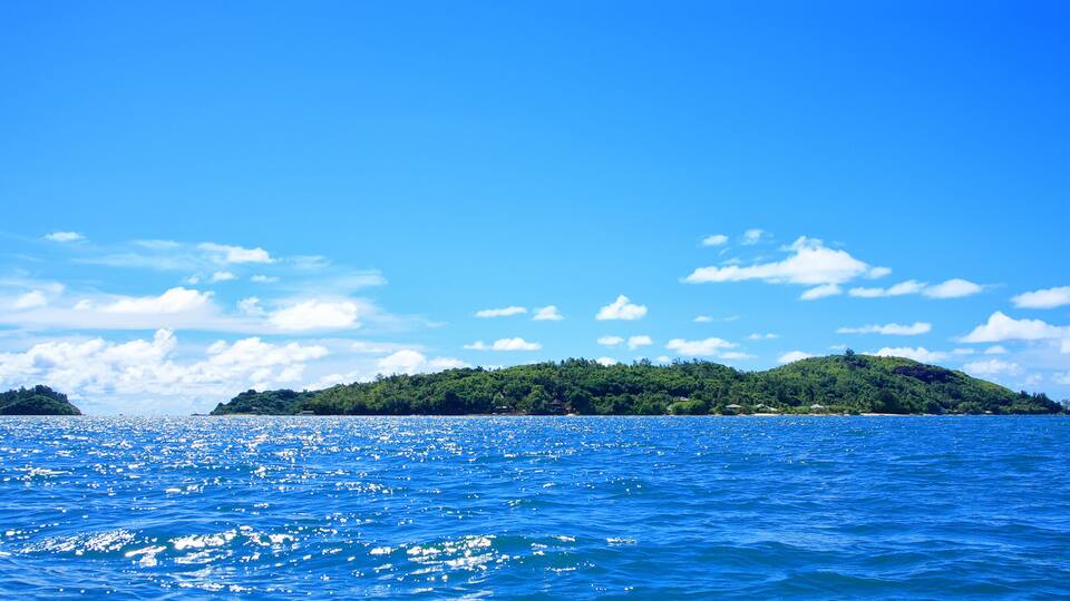A clear blue sea with a small island covered in greenery.
