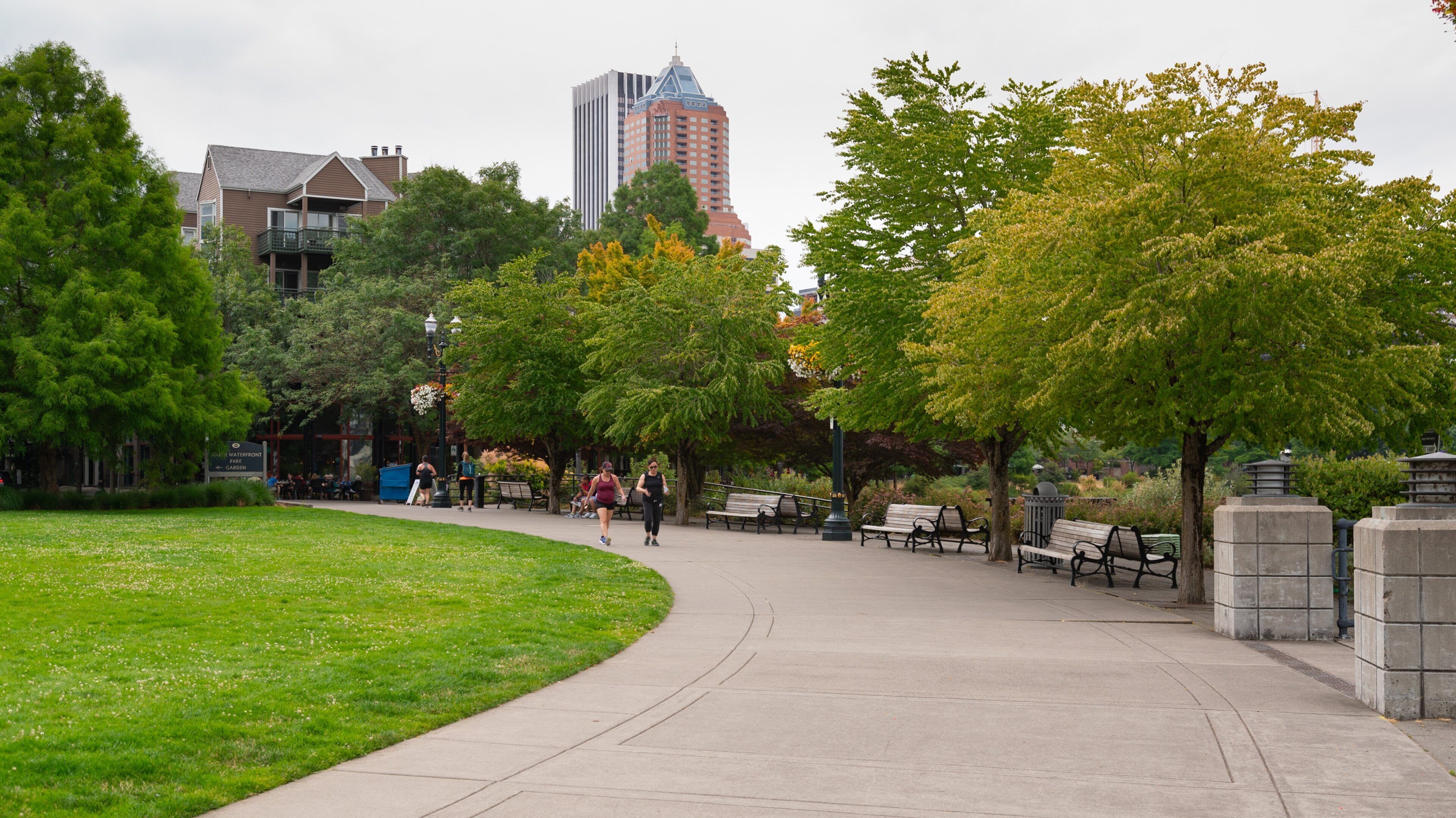 South Waterfront City Park showing a park and hiking or walking as well as a couple