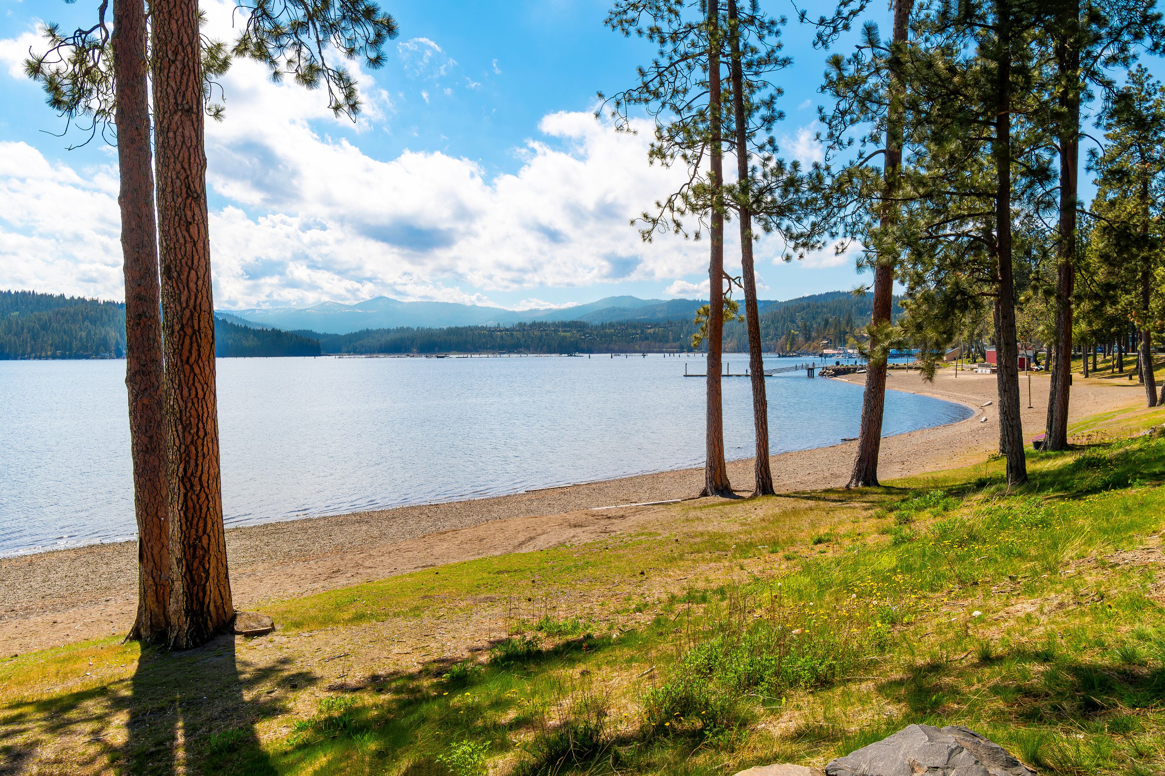 The small sandy beach providing lake access at North Idaho College on the shores of Lake Coeur d'Alene, in Coeur d'Alene, Idaho.