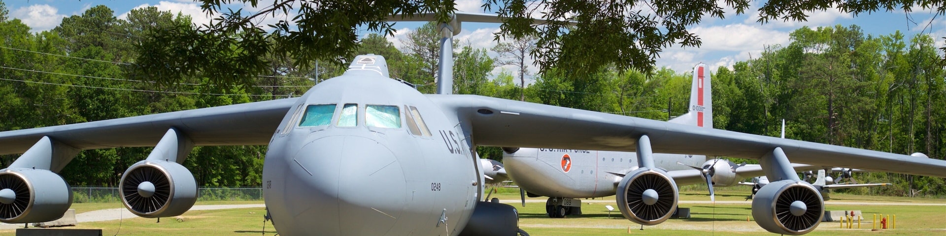 Warner Robins Museum of Aviation showing a garden, heritage elements and military items