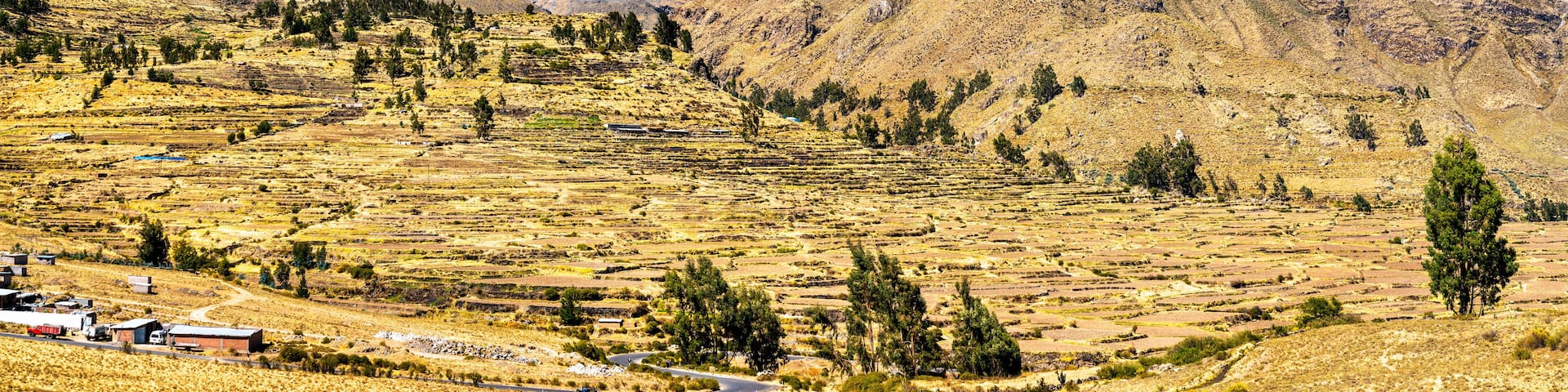 Terraced fields, a mountain range, and a clear blue sky.