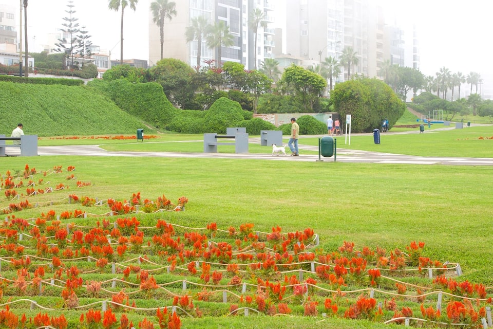 A park with red flowers, green grass, and modern buildings in the background.