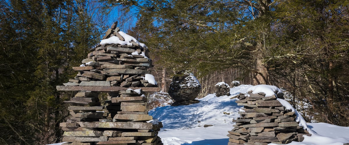Winter hiking along the Bouchoux Trail at the Hancock Forest Preserve in New York State