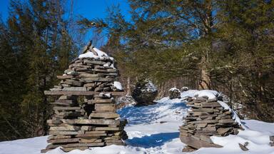 Winter hiking along the Bouchoux Trail at the Hancock Forest Preserve in New York State