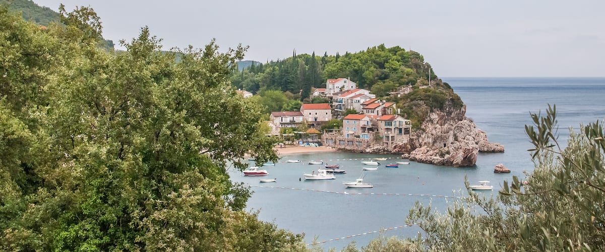 A coastal village with buildings on a cliff, surrounded by trees and boats in the water.