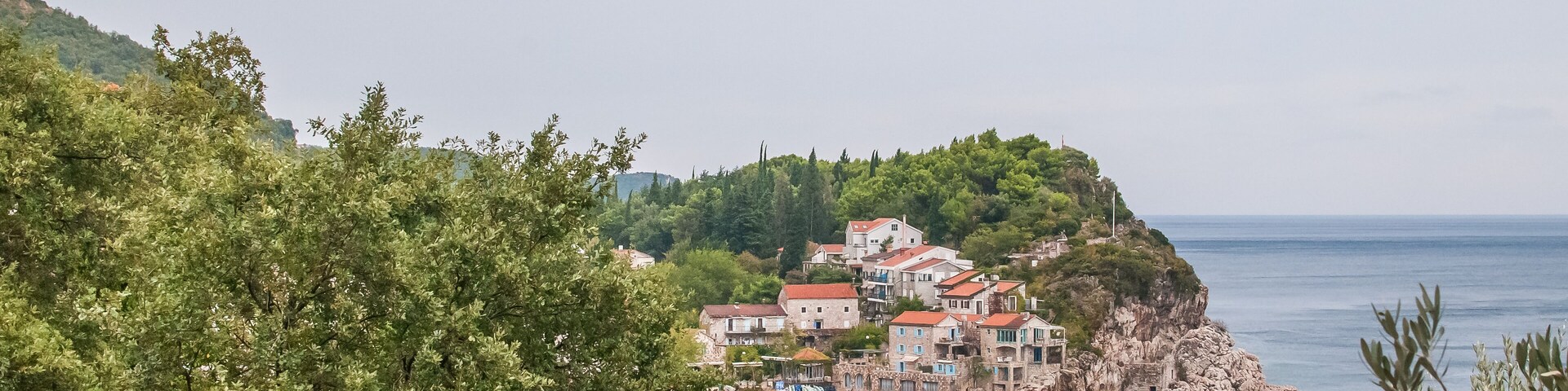 A coastal village with buildings on a cliff, surrounded by trees and boats in the water.