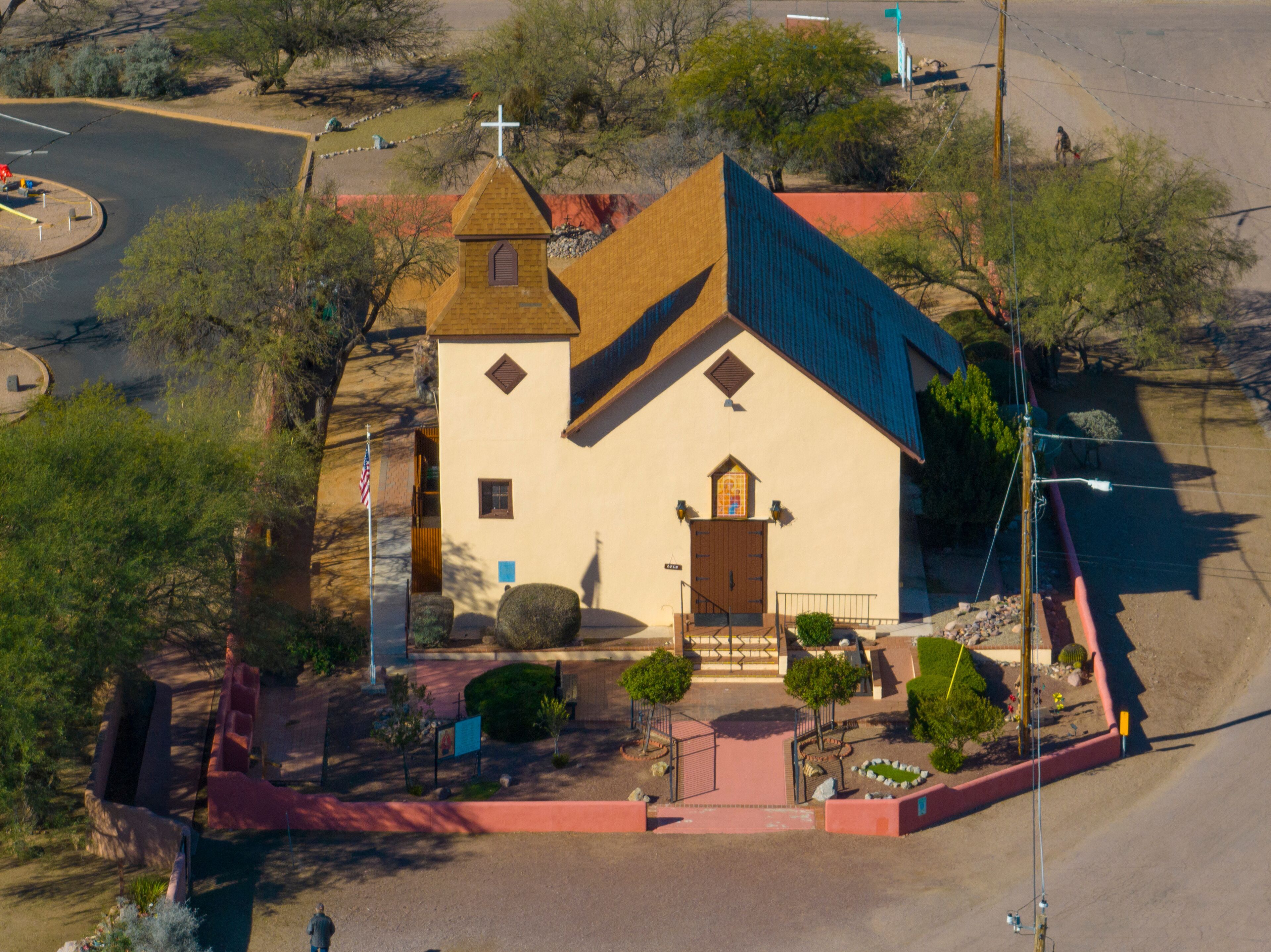 St Ann's Catholic Church aerial view in Tubac Presidio State Historic Park in historic town center of Tubac, Arizona AZ, USA. 
