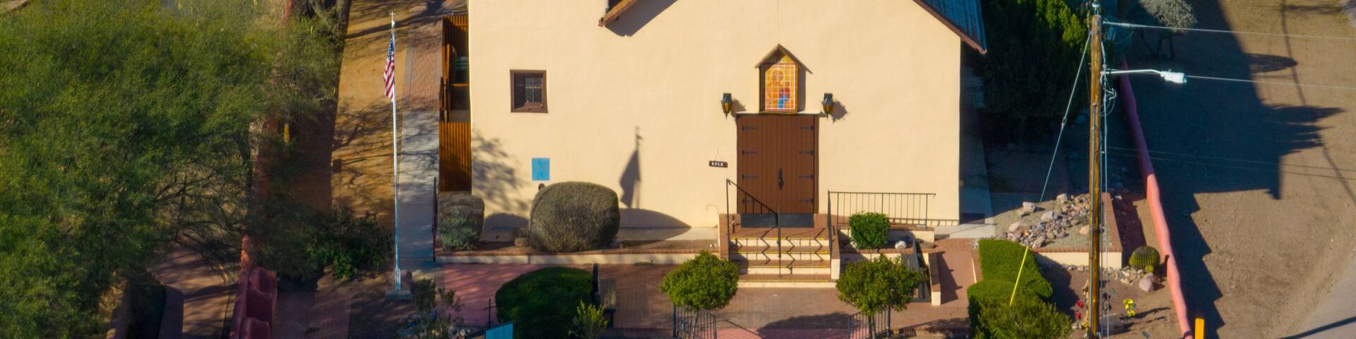 St Ann's Catholic Church aerial view in Tubac Presidio State Historic Park in historic town center of Tubac, Arizona AZ, USA.