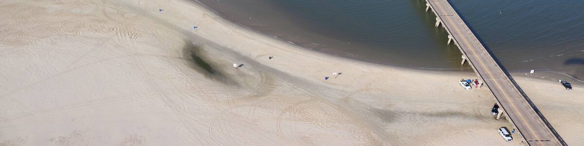 Aerial view of the Southern Texas shoreline, Galveston Island towards San Luis Pass, United States of America
